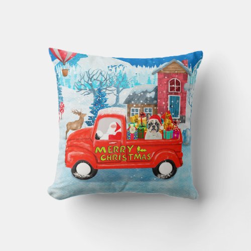 French Bulldog in Christmas Delivery Truck Snow Throw Pillow