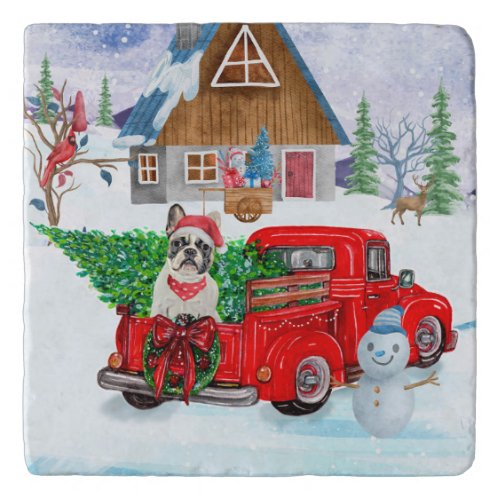 French Bulldog In Christmas Delivery Truck Snow  Trivet