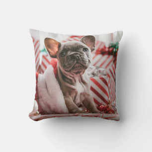 French Bulldog in Christmas Hat Throw Pillow