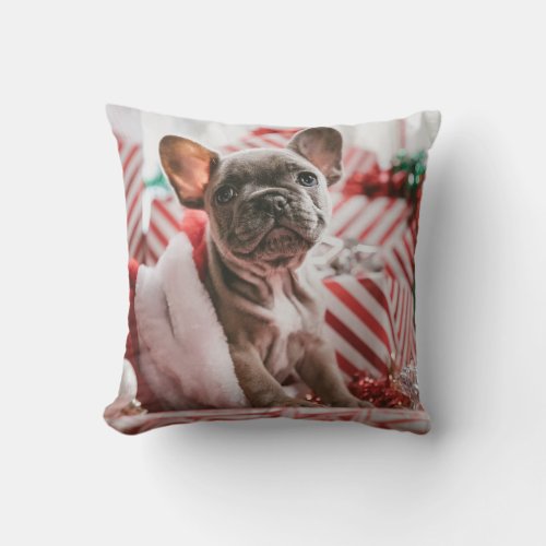 French Bulldog in Christmas Hat Throw Pillow