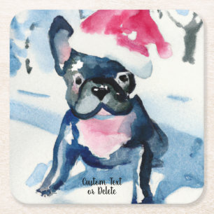 French Bulldog in Christmas Santa hat, Custom Text Square Paper Coaster