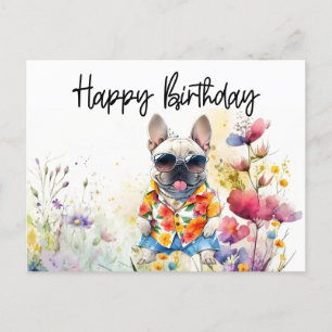 French Bulldog in Flower Field Birthday Postcard