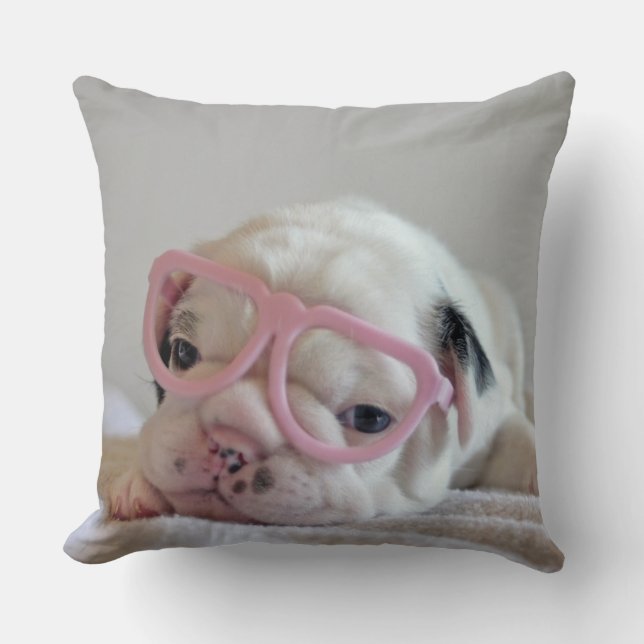 French Bulldog in Heart Glasses Throw Pillow (Front)