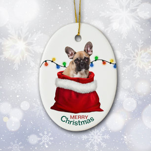 French Bulldog in Holiday Gift Bag Ceramic Ornamen Ceramic Ornament