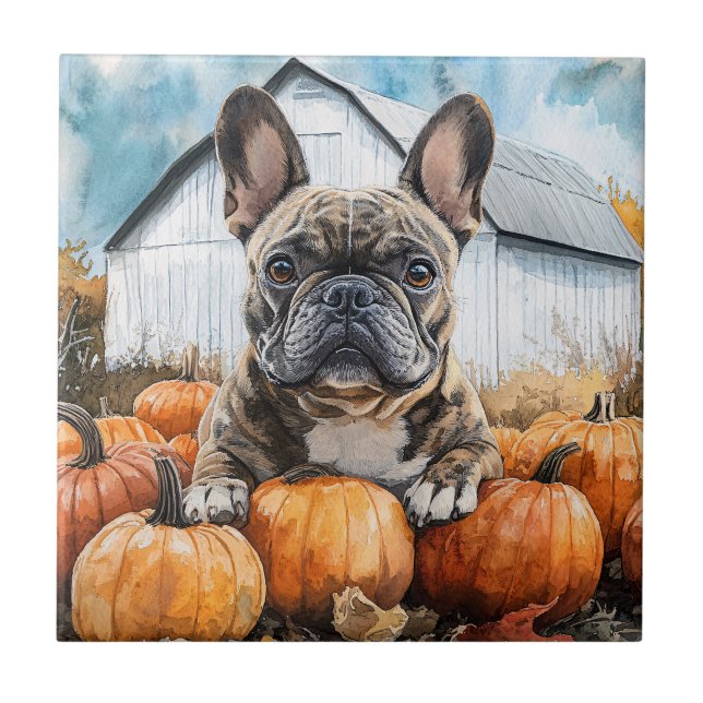 French Bulldog in Pumpkin Patch Ceramic Tile (Front)