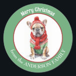 French Bulldog in Red Christmas Scarf and Hat Classic Round Sticker<br><div class="desc">An image of an adorable French Bulldog wearing a green sweater, and a red pattern winter scarf and hat, is at the center of this Holiday sticker. The image is framed in a circular green border which contains your custom text in white. Cute for Christmas cards, correspondence, and gift packages....</div>