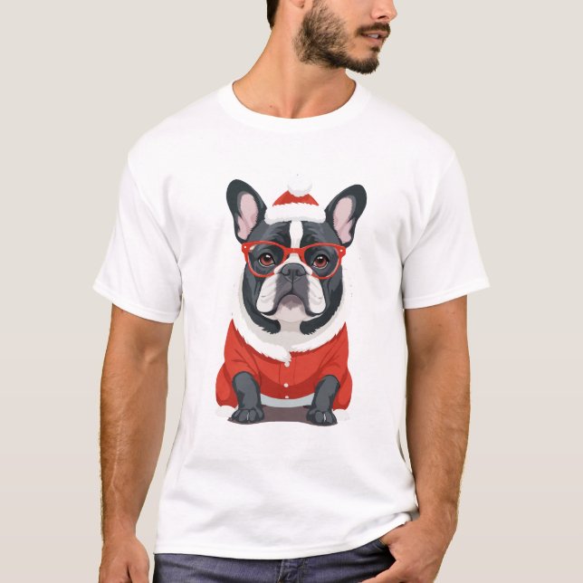 French Bulldog In Santa Costume Adorable Funny Art T-Shirt (Front)