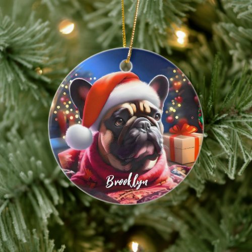  French Bulldog in Santa Hat Ceramic Ornament