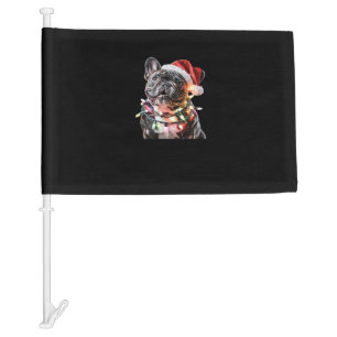 French Bulldog in Santa Hat Wrapped in Christmas L Car Flag