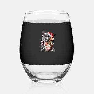 French Bulldog in Santa Hat Wrapped in Christmas L Stemless Wine Glass