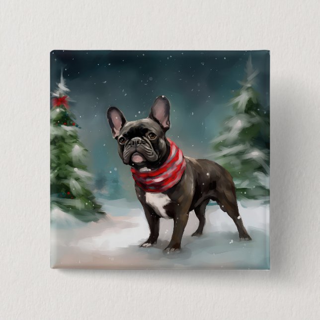 French Bulldog in Snow Christmas Button (Front)