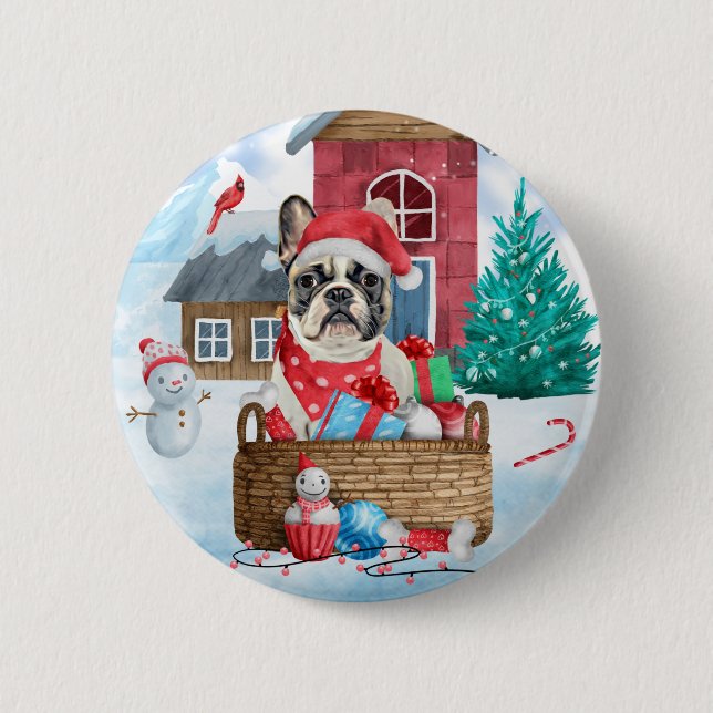 French Bulldog In snow Christmas Dog House Button (Front)