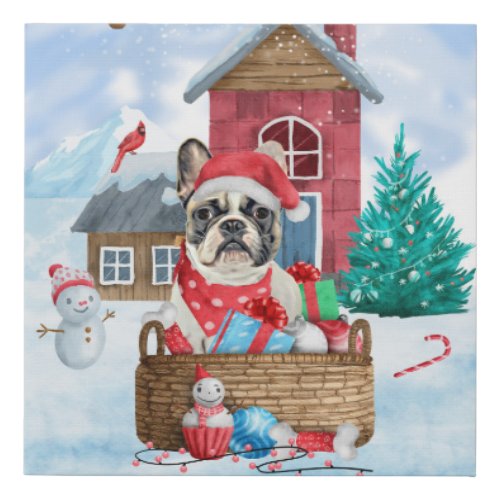 French Bulldog In snow Christmas Dog House Faux Canvas Print