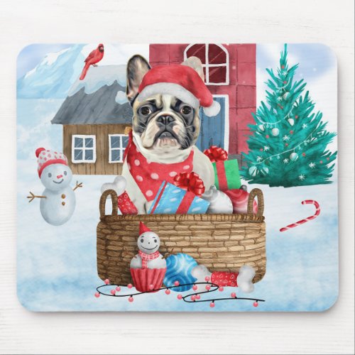 French Bulldog In snow Christmas Dog House Mouse Pad