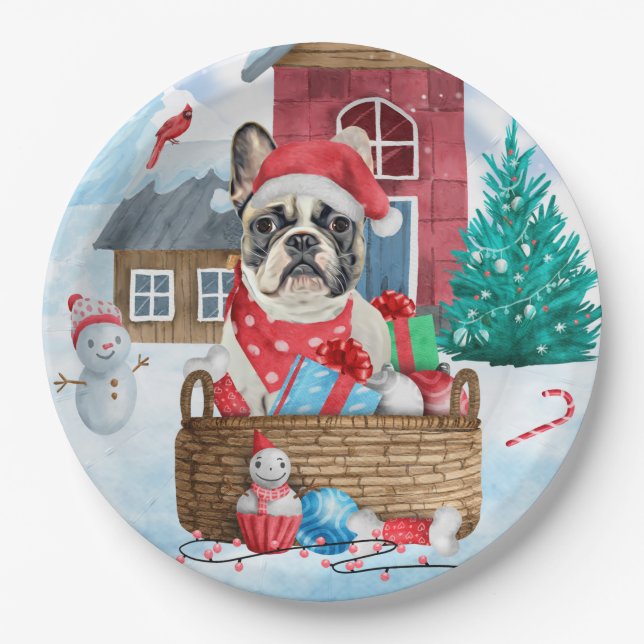 French Bulldog In snow Christmas Dog House Paper Plates (Front)