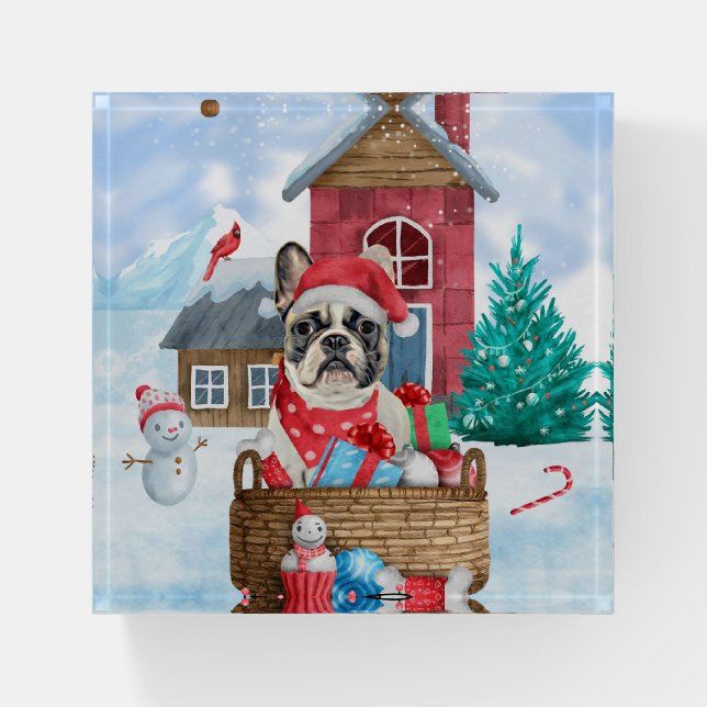 French Bulldog In snow Christmas Dog House Paperweight (Front)
