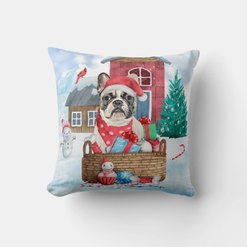 French Bulldog In snow Christmas Dog House  Throw Pillow