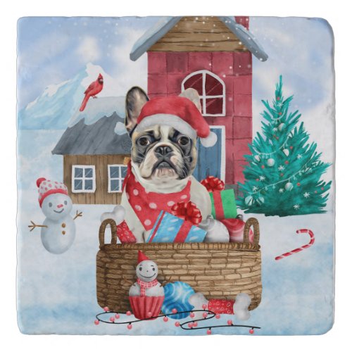 French Bulldog In snow Christmas Dog House Trivet