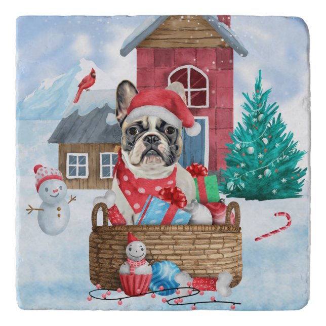 French Bulldog In snow Christmas Dog House Trivet (Front)