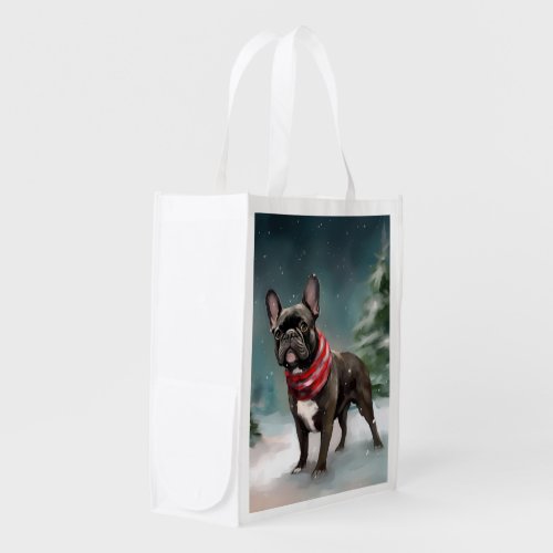 French Bulldog in Snow Christmas Grocery Bag