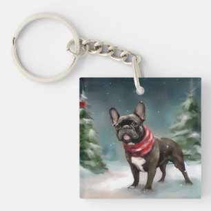 French Bulldog in Snow Christmas Keychain