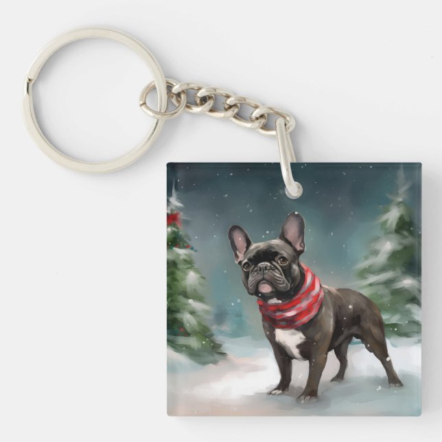 French Bulldog in Snow Christmas Keychain (Front)