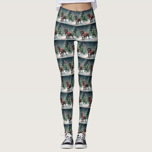 French Bulldog in Snow Christmas Leggings (Front)