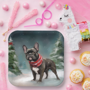 French Bulldog in Snow Christmas Paper Plates