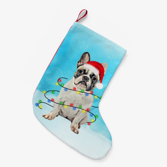 French Bulldog in Snow Christmas Santa Hat Lights Small Christmas Stocking (Front (Hanging))