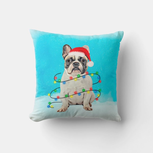 French Bulldog in Snow Christmas Santa Hat Throw Pillow (Front)