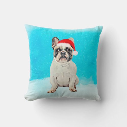 French Bulldog in Snow Christmas Santa Hat Throw Pillow