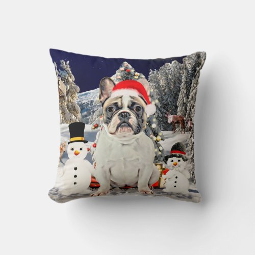 French Bulldog in Snow Christmas Santa Hat Throw Pillow
