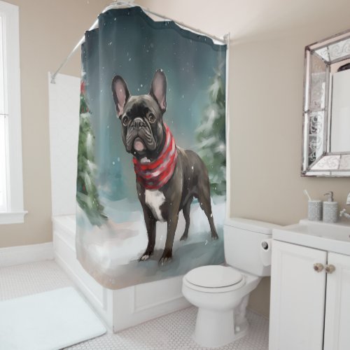 French Bulldog in Snow Christmas Shower Curtain