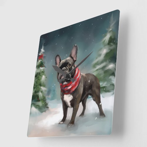French Bulldog in Snow Christmas Square Wall Clock