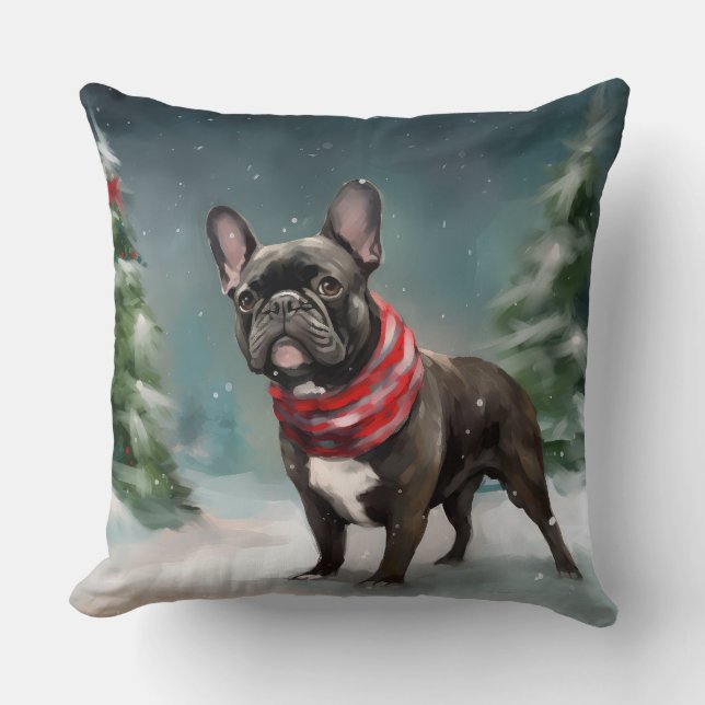 French Bulldog in Snow Christmas Throw Pillow (Front)