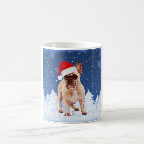 French Bulldog in Snow Christmas w Santa Hat Coffee Mug