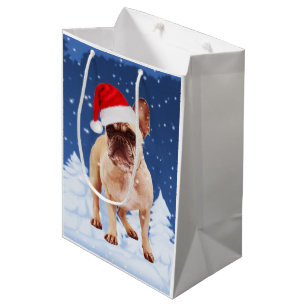French Bulldog in Snow Christmas w Santa Hat Medium Gift Bag