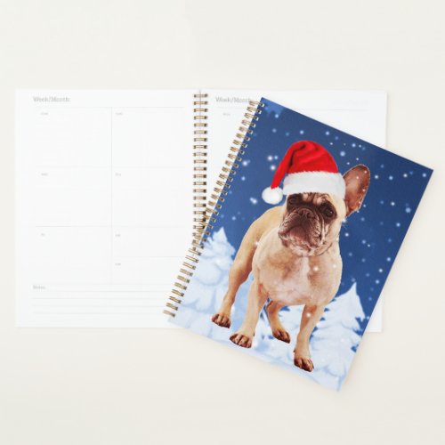 French Bulldog in Snow Christmas w Santa Hat Planner