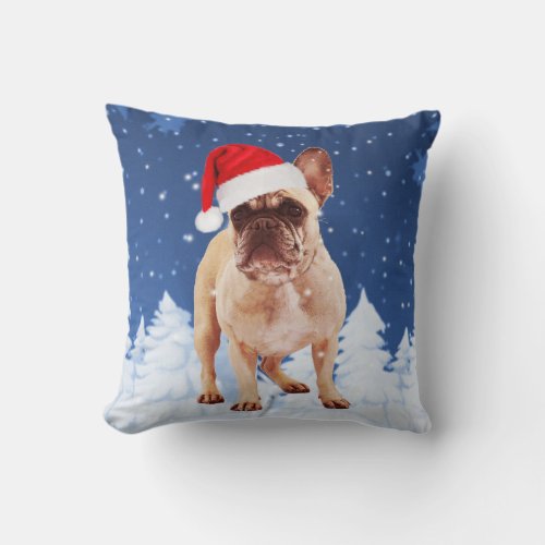 French Bulldog in Snow Christmas w Santa Hat Throw Pillow