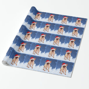 French Bulldog in Snow Christmas w Santa Hat Wrapping Paper