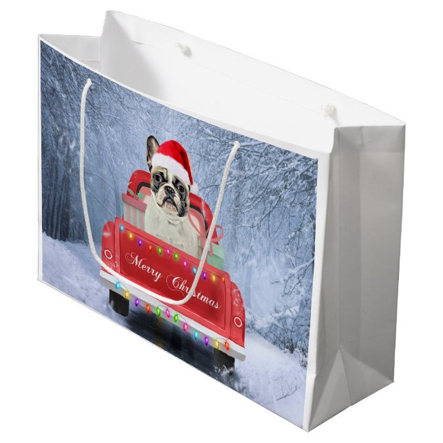 French Bulldog in Snow sitting in Christmas  Large Gift Bag (Front Angled)