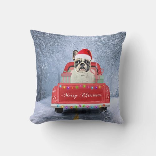  French Bulldog in Snow sitting in Christmas T Throw Pillow