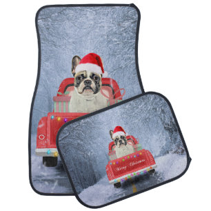 French Bulldog in Snow sitting in Christmas Truck Car Floor Mat