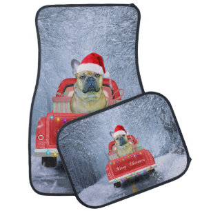 French Bulldog in Snow sitting in Christmas Truck Car Floor Mat