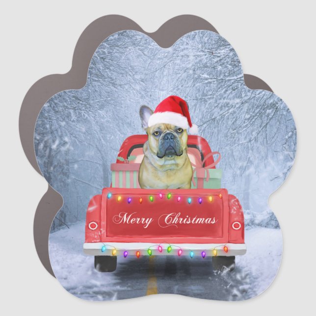 French Bulldog in Snow sitting in Christmas Truck  Car Magnet (Front)