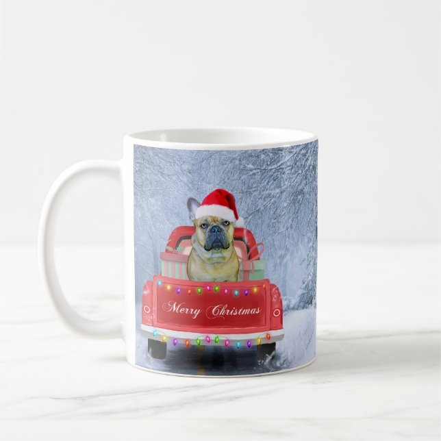 French Bulldog in Snow sitting in Christmas Truck  Coffee Mug (Left)