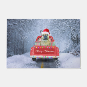 French Bulldog in Snow sitting in Christmas Truck Doormat