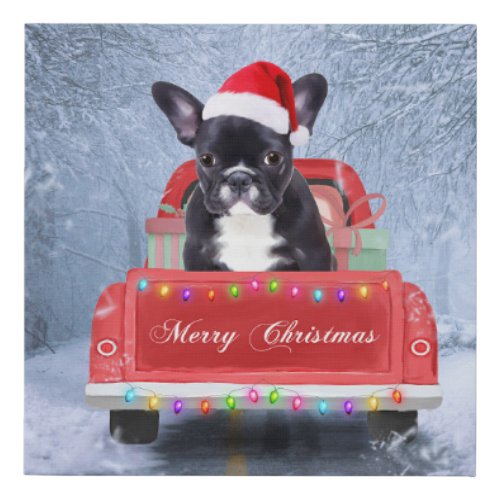 French Bulldog in Snow sitting in Christmas Truck Faux Canvas Print