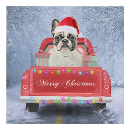 French Bulldog in Snow sitting in Christmas Truck Faux Canvas Print