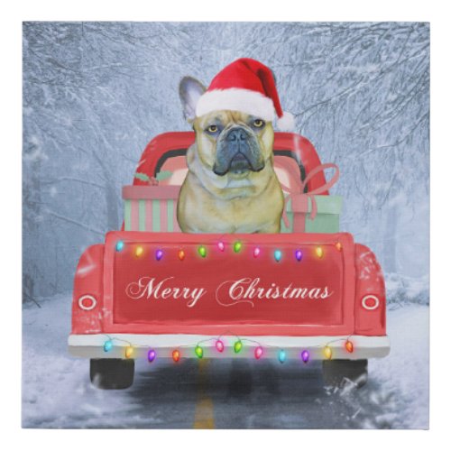 French Bulldog in Snow sitting in Christmas Truck Faux Canvas Print